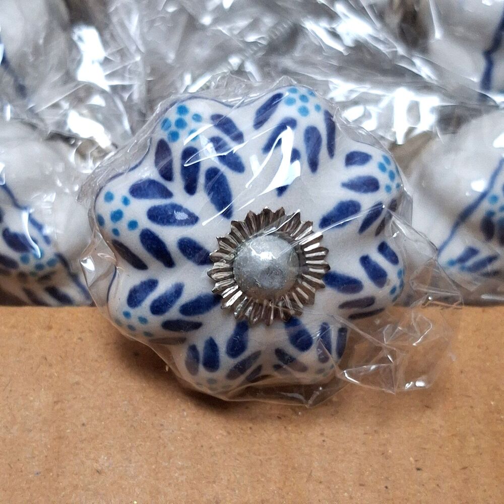 12 NEW Metal Magic LLC Ceramic Drawer Pull Knob Floral Blue White Cottage Farm
